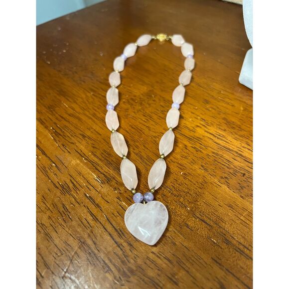 Heart Rose Quartz and Lavender Jade Necklace Gold Vermeil - Picture 5 of 7